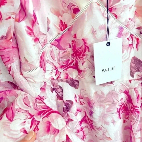 NWT SAU LEE Georgia Pink White Floral Chiffon Ruffle Midi Dress Gown Size 8 - Picture 8 of 10